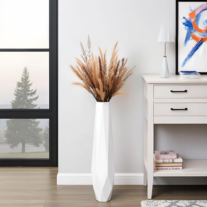 Tall Floor Vase - 27.5" Tall Vases for Home Decor, Resin Floor Vase with Handmade Dimensional Geometric Style, Fits Into Hay/Pampas Grass, Boho Living Room Decor (White)