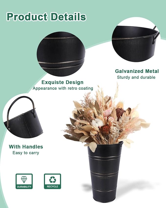 12 Inch Galvanized Metal Vases for Flowers - 6 Pcs Farmhouse Decorative Tall Flower Bucket with Handles, Rustic French Tin Planter Buckets for Wedding Decor (Black)