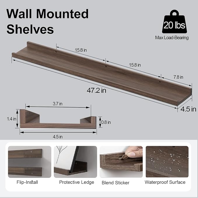 Floating Shelves for Wall Decor, Long Wall Mounted Storage Shelf for Bedroom, Living Room, Bathroom, Kitchen, Nursery, Display Picture Ledge Shelf with Lip Set of 2-48 Inches, Walnut