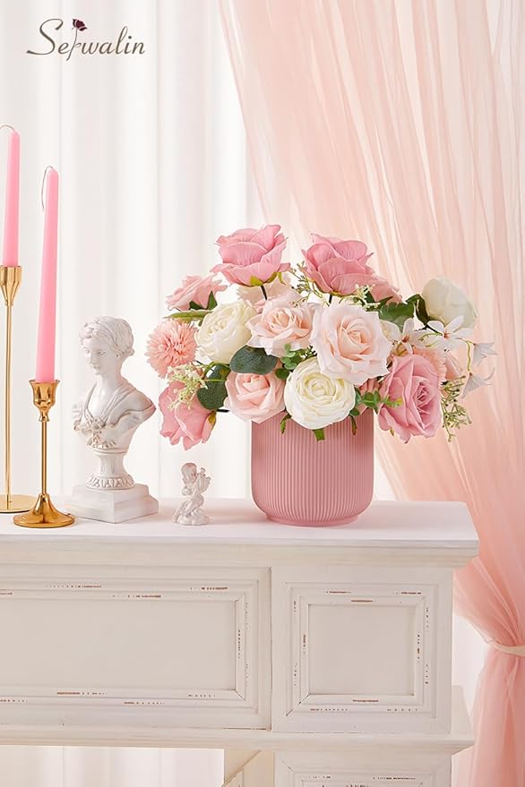 Serwalin 2 Pcs Artificial Flowers Fake Flowers for DIY Wedding Bouquets Cake Flowers Decoration Mixed Roses Combo Blush Pink and White Flower Centerpieces Arrangements for Home Party Decor