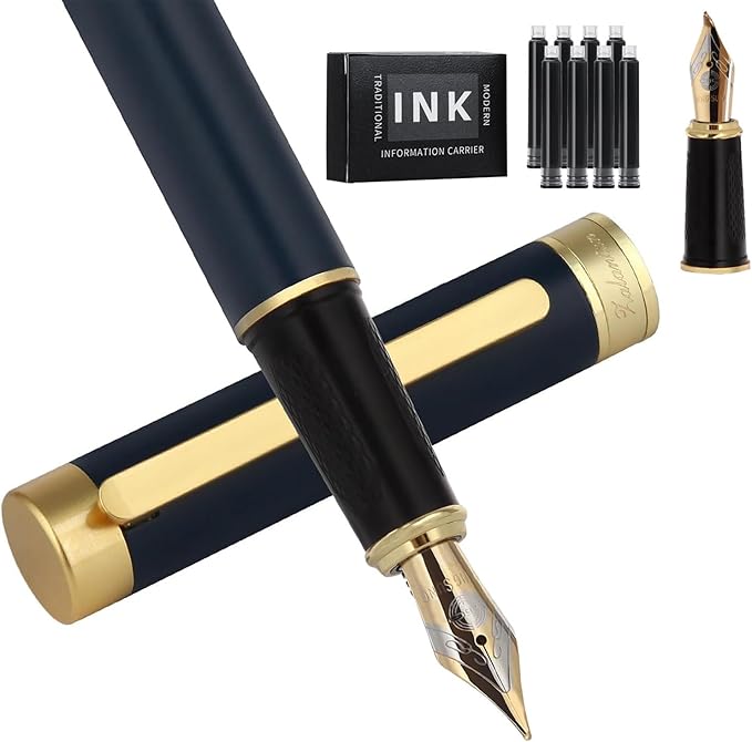 Zalantan Fountain pen,Luxury pen,Nice pen gift pure copper heavy feel Office Executive Pen Smooth Writing Pens for Men Funcy Pens with Gift Case 10 black cartridges medium nib (Blue)