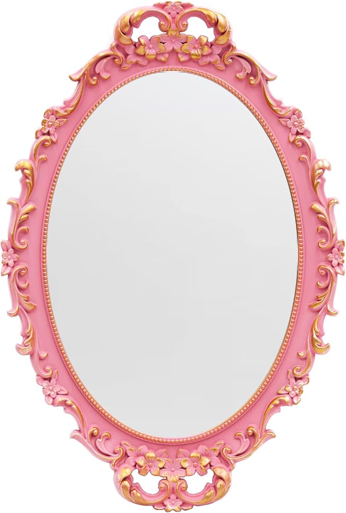 Tstarer Vintage Decorative Pink Framed Mirror, Wall Hanging Mirrors & Tabletop Tray for Bedroom Living Room Dresser Decor, Oval- 9.6" W x 14.3" L (Pink)