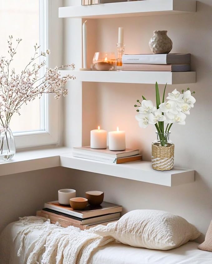 Oairse White Orchids Artificial Flowers with Vase, Small Faux Orchid Arrangement Fake Flower in Woven Glass Vase Small White Centerpieces for Kitchen Dining Room Tables Bathroom Nightstand Decor