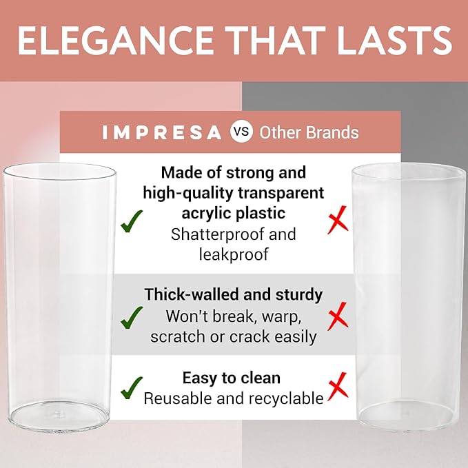Impresa Clear Acrylic Cylinder Vase Set - 6", 9" & 12", Pack of 6 Shatterproof Plastic Vases - Wedding Centerpiece Decor - Versatile Floral Display & Home Decor