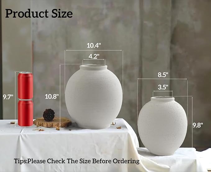 Large White Ceramic Vase, 9.8 inch Round Minimalist Textured Vase, Rustic Farmhouse Decor for Home, Living Room, Shelf, Table, Wedding & Entryway Decoration (Sandstone White)