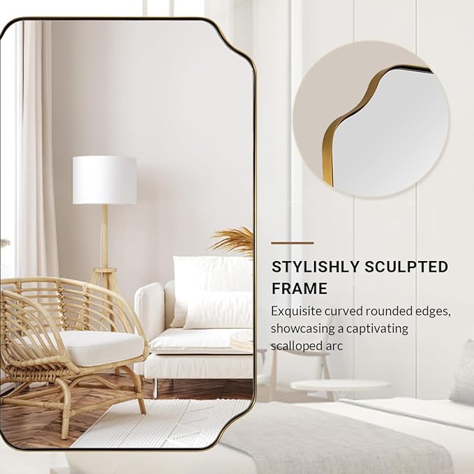 ANDY STAR 24"x48" Large Bathroom Mirror, Brushed Gold Rectangle Mirror, Scalloped Mirror for Bathroom in Anti-Rust Stainless Steel Metal Frame 1" Deep, Hangs Vertically/Horizontally