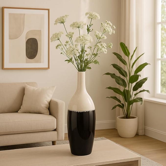 Ceramic Vase for House and Bedroom Decor– Elegant Flower Vase for Table and Room Accent – Modern Floor Piece for Living Room, Home, and Office Decor Display - 31" White & Black