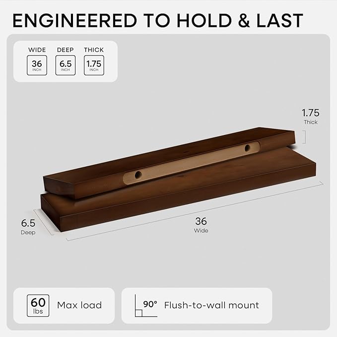 Homeforia Walnut 36 inch Floating Shelf, High End Solid Real Wood 36inch Large Shelves for Bathroom Wall, Dark Brown 36 inches Long Floating Shelves, Heavy Duty Bracket, 36 X 6.5 X 1.75 inch, Set of 4