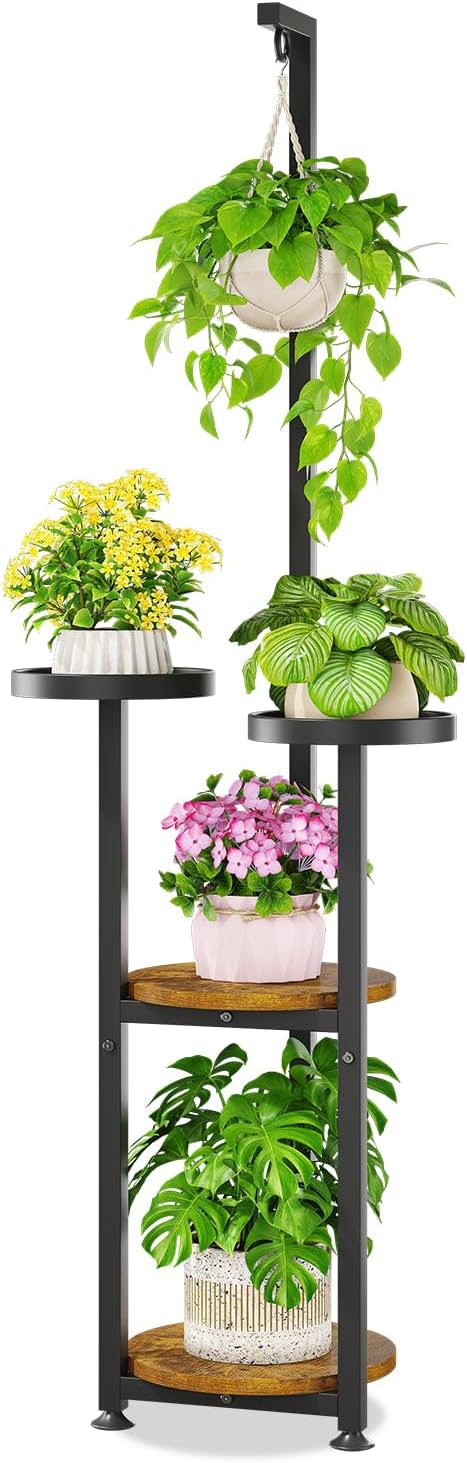KMOTASUO Black 4 Tier Plant Stand Indoor with Hanging Ring, Tall Large Heavy Duty Metal and Wood Vertical Rack for Multiple Planter, Sturdy Rustic Corner Flower Shelf Holder Organizer for House Patio