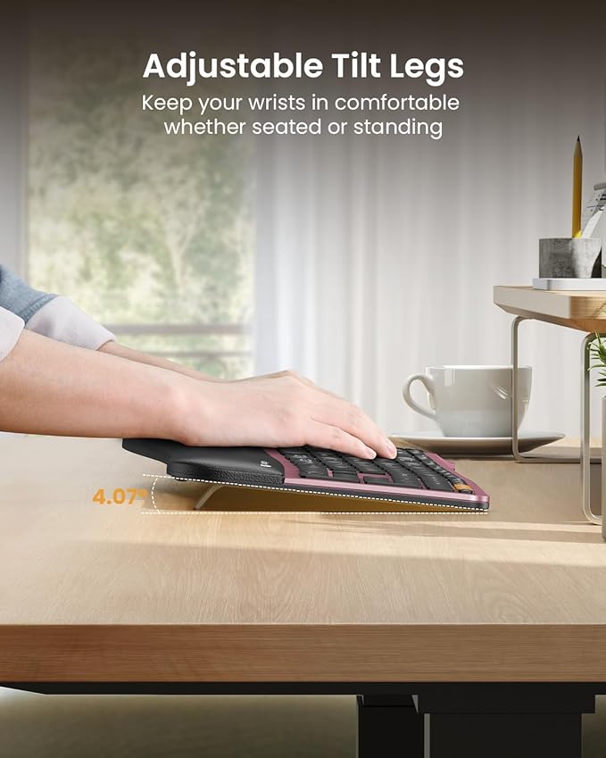 ProtoArc Backlit Bluetooth Ergonomic Keyboard, EK01 Plus Full Size Wireless Split Keyboard with Dual Bluetooth and USB, Cushioned Wrist Rest, Rechargeable, Compatible with Windows/Mac, Wine Red