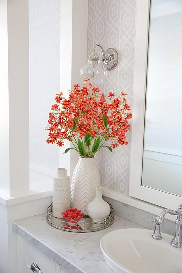 Hollyone Artificial Daphne Flowers with Long Stem 3Pcs Faux Fall Autumn Orange Flowers 28.3” Fake Silk Flowers Piacks Bouquet for Floral Arrangement Wedding Party Centerpiece Table Home Decor