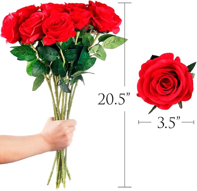 Mocoosy 12PCS Red Roses Artificial Flowers, Fake Roses with Long Stems Realistic Silk Rose Bouquets Wedding Centerpiece Decorations Faux Floral Arrangements Bridal Shower Party Home Office Table Decor