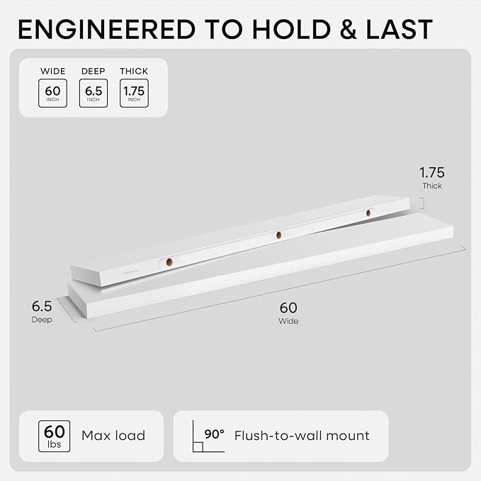 Homeforia Floating White Shelf 60 inches, High End Solid Real Wood 60inch Long Floating Shelves for Wall Mounted, White Wooden 60in Floating Shelves, Heavy Duty Bracket, 60 X 6.5 X 1.75 inch, Set of 2