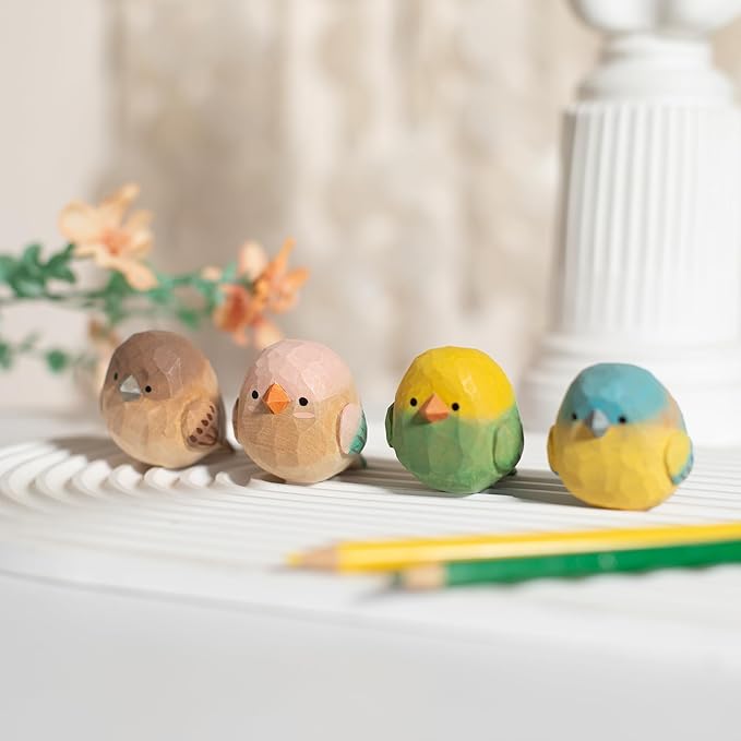 Hand-Carved Wooden Bird Figurines Set of 4 – Rustic Colorful Mini Birds Statues for Farmhouse Tabletop Décor, Cottage Chic Ornaments, Spring Decorations & Gift for Bird Lovers