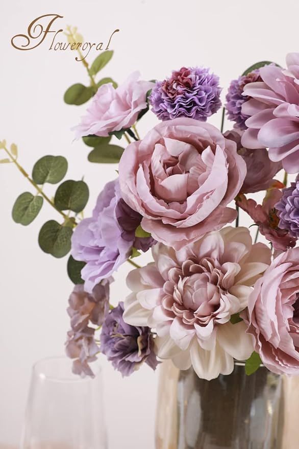 Floweroyal 2 Layers Artificial Flowers Combo Purple Flowers Mix Silk Flowers Dahlia Roses with Stems for Wedding Bridal Bouquets, Baby Shower, Floral Arrangement, Table Centerpieces