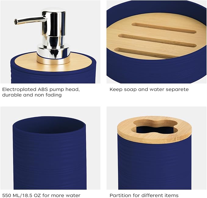 4 PCS Navy Blue Bathroom Accessories Set, Includes a Soap Dispenser, Toothbrush Holder, Soap Dish and Mouthwash Cup, Plastics & Bamboo Bathroom Set, Bohemian Style Bathroom Sink Set