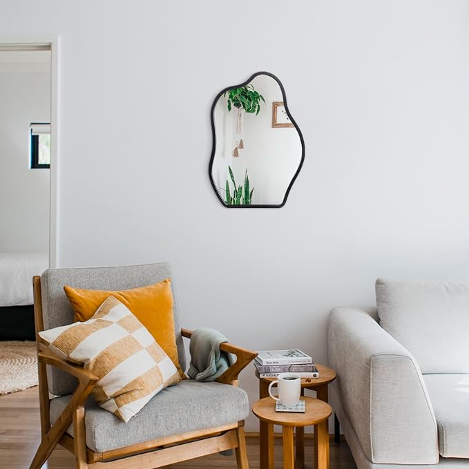 Asymmetrical Wood Frame Mirrors for Wall Oval Hanging Mirror Unique Irregular Modern Mirror for Entryway Hallway Living Room Bedroom Vanity Decorative Artistic Wall Mirror