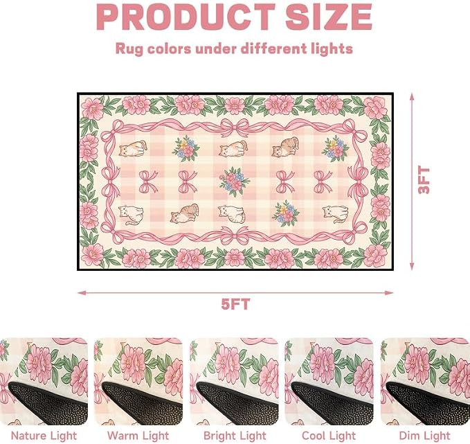 3'x5' Cat Floral Area Rug Pink Bow Flower Carpet Washable Rug Cute Cartoon Boho Floor Mat for Entryway Bedroom Living Room Nursery Playroom Classroom Home Decor