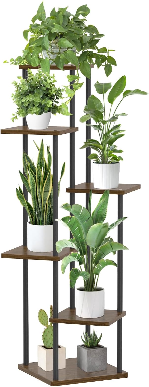 Oppro 6 Tier Plant Stand Indoor Outdoor, Tall Metal Wood Muti-Level Planter Shelf Holder, Sturdy Large Vertical Corner Orchid Flower Pot Display Rack for Narrow House Decor Office Living Room Bedroom, Oak