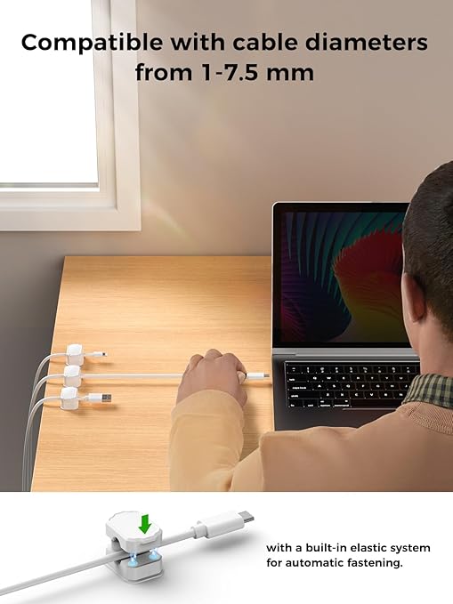 6 Pack Elastic Cable Clips [auto Tighten] Cable Holder, Desk Cable Management, Cord Organizer for Home Office Desk Phone car Wall Mounted Desktop nightstand Cable Management（White