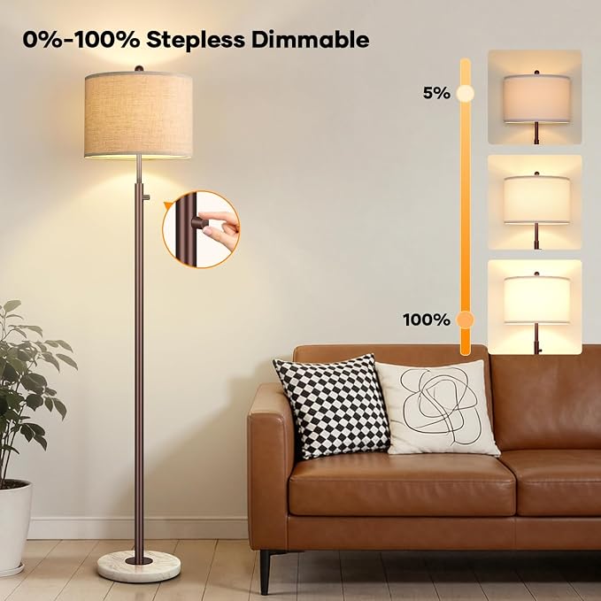 Nintiue 【Upgraded】 Dimmable Floor Lamp for Living Room, 11W LED Bulb Included, Modern Standing Lamp with Marble Base, Tall Pole Light with Linen Shade for Bedroom Reading Office Corner Nursery-Brown