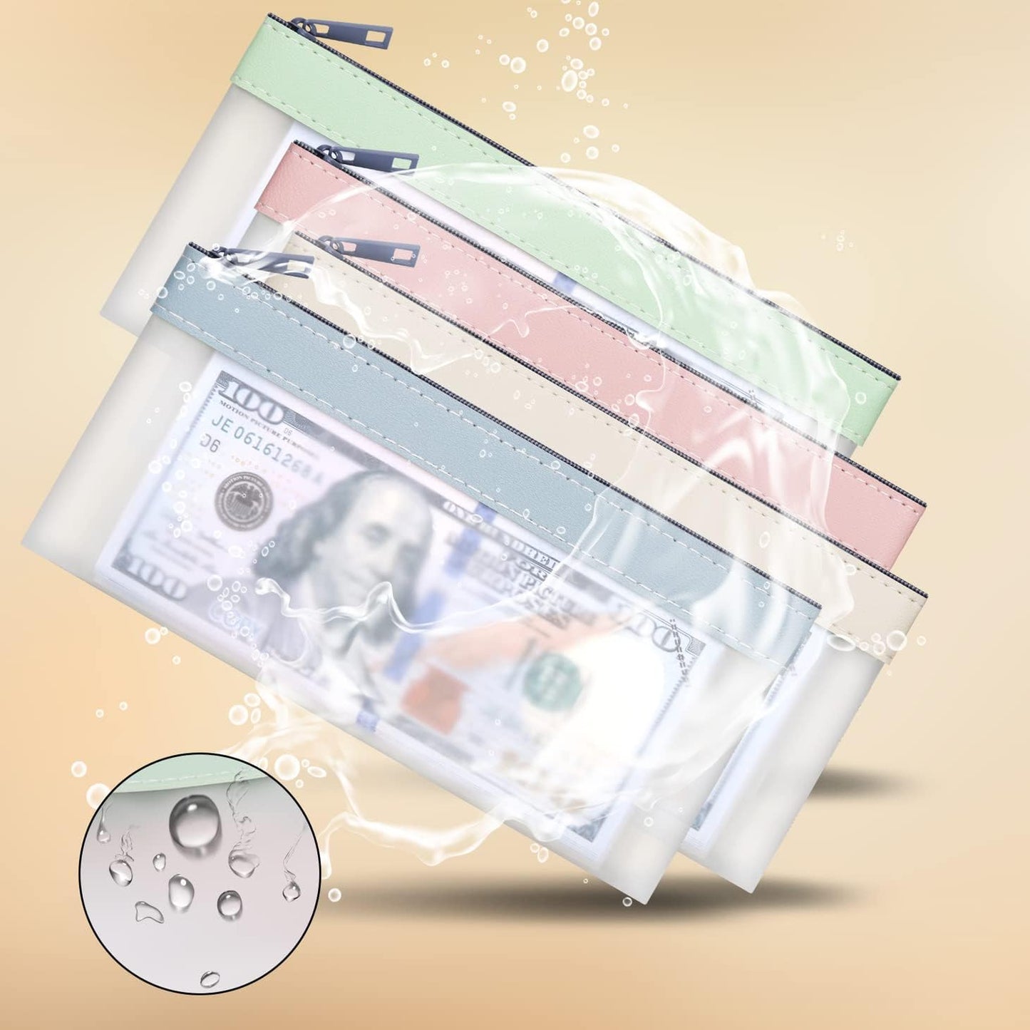 VOCHIC 4-Piece Money Bag Set - Multi-Purpose Zipper Envelopes for Cash, Coins & Bills | 7.6 x 3.7 Inch