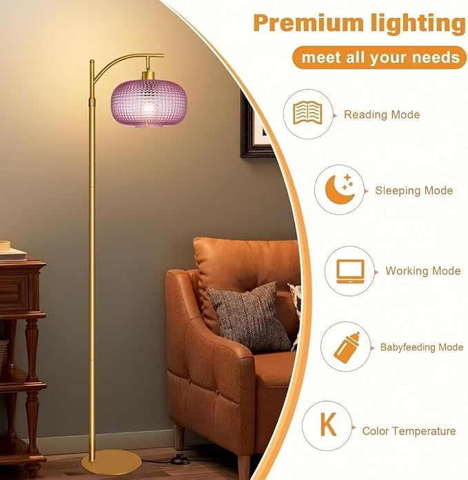 Pink Glass Floor Lamp for Living Room,Bedroom,Gold Dimmable Standing Lamp with Remote,Mid Century Modern Brass Tall Lamp Boho Floor Lamps Arc Stained Glass Flower Floor Light Lamp Girls kids Bohemian