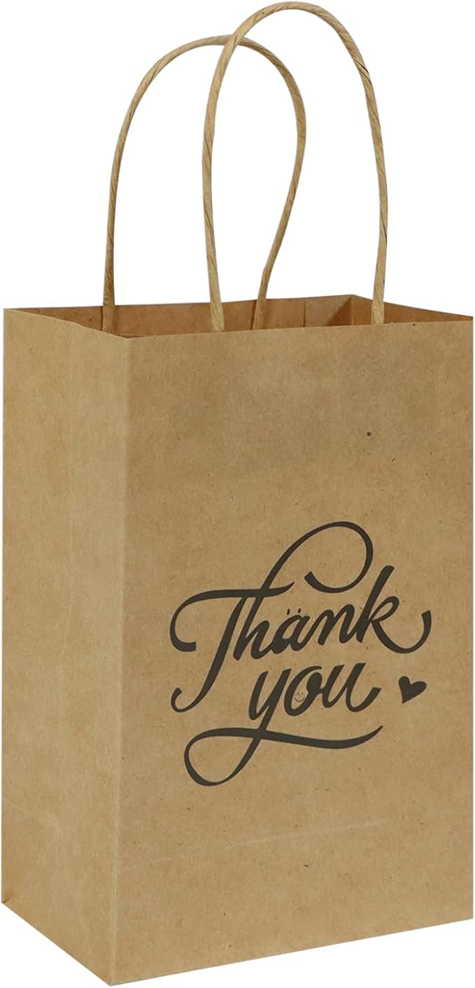 bagmad 100 Pack 5.25x3.25x8 Inch Small Brown Paper Gift Bags with Handles Bulk, Thank You Kraft Paper Bags for Party Favors Grocery Retail Shopping Wedding Craft Cub Sacks (Plain Natural, 100pcs)