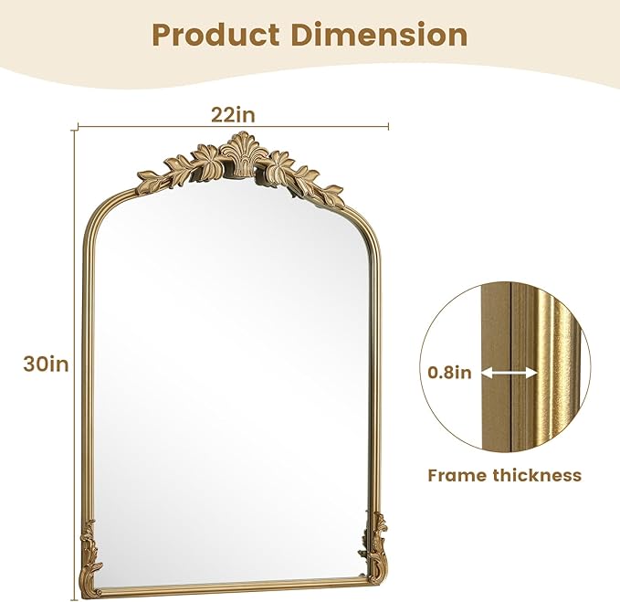 WallBeyond Gold Antique Mirror for Vanity 22x30 Inch, Gold Vintage Mirror with Ornate Frame, Arched Vintage Wall for Bathroom, Living Room, Fireplace