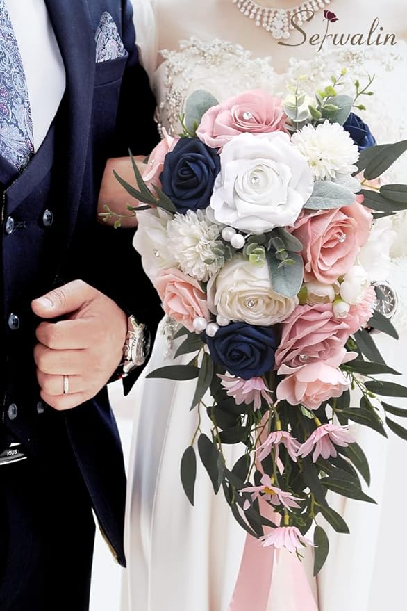 Serwalin 9.8 Inch Wedding Bouquets for Bride Bridesmaid, Pink Blue Rose Bridal Bouquets for Bride, Wedding Flowers Bouquet Tossing Bouquet, Wedding Ceremony and Anniversary Day Decor