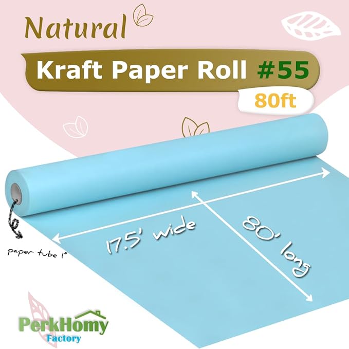 PerkHomy Light Blue Kraft Paper Roll 17.5" x 960" (80') for Gift Wrapping Bouquet Flower Art Painting Craft Writing Packaging Shipping 80GSM 55LB (Light Blue, 17.5" x 80')