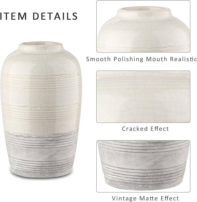 Ceramic Rustic Farmhouse Vase for Home Decor 9 inch Decorative Boho White Pottery Flower Vase for Centerpiece Living Room Bedroom Kitchen Bathroom Dining Table Mantel Shelf Decor