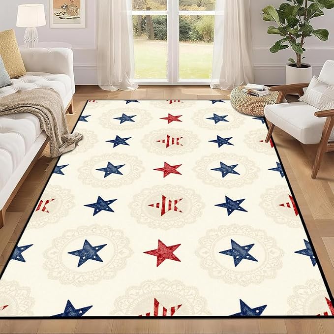 Star Area Rug 6'x9' Vintage Red Blue White Carpet Washable Low Pile Floor Mat Rugs for Bedroom Living Room Nursery Playroom Classroom Home Decor