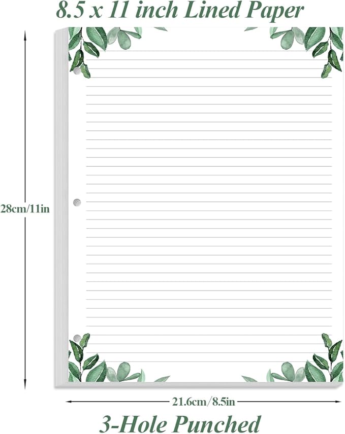 (3-Pack) Letter Size Lined Refill Paper, 3-Hole Punched Ruled Filler Paper, 300Sheets / 600Pages Loose-Leaf Line Paper, 100gsm White Paper, 8.5'' x 11'', Leaf