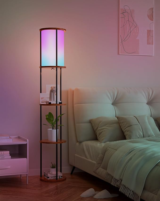 Lightdot 61" RGB Floor Lamp with Shelves, 3-Tier Storage Smart Remote Control Standing Lamp with Fabric Shade, Bulb Included, Dimmable Floor Lamps for Living Room/Sofa Beside/Corner Decor (Black)
