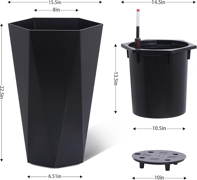 22.4 Inch Tall Planters for Outdoor Indoor Plants Set of 2, Tapered Large Flower Pots with 2 Trays and a Water Level Monitor with Wheels Planter Pots, Plant Pot for Patio, Balcony, Lounge