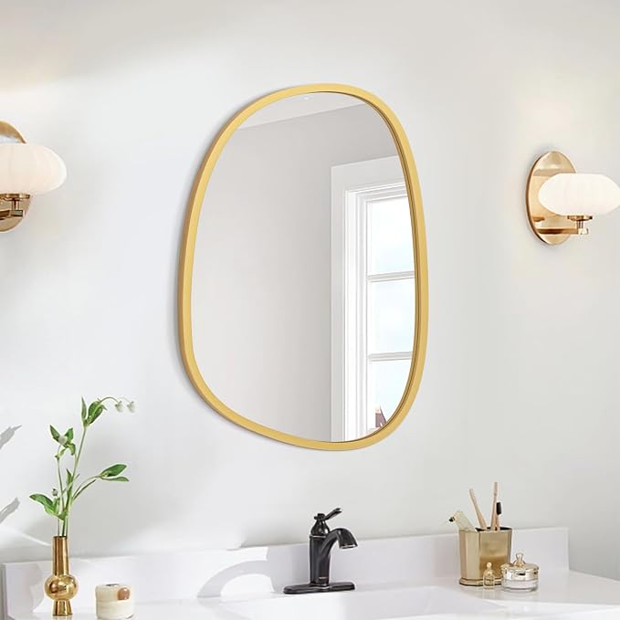 Irregular Gold Modern Asymmetrical Small Wooden Framed Hanging Wall Mirror - Unique Oval Shape for Bedroom, Bathroom, Entryway, Living Room