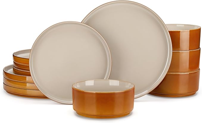 vancasso ONION Ceramic Plates and Bowls Sets, 12 Pieces Grey Dinnerware Sets for Kitchen, Reactive Glaze Dishes Set for 4, Dishwasher and Microwave Safe