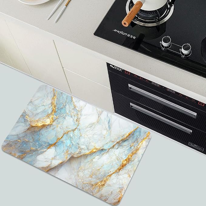 Diatomaceous Earth Bath Mat,Blue, White and Gold Marble Non-Slip Volume Super Absorbent Fast Drying for Bathroom Kitchen Door mat,Eco-Friendly Easy to Clean 16×24Inch (40 * 60cm)
