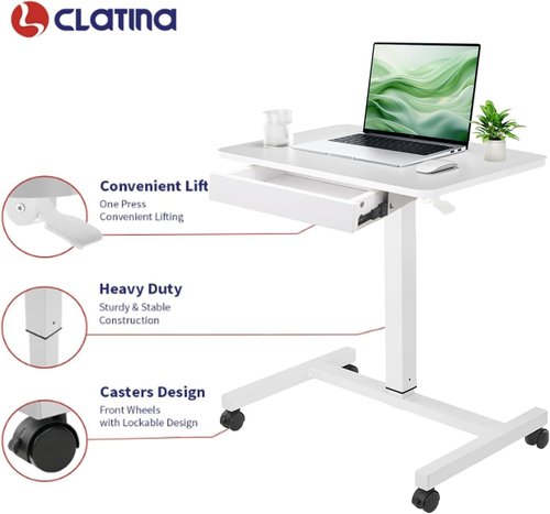 CLATINA Mobile Laptop Standing Desk - Height Adjustable Teacher Podium with Lockable Wheels | White