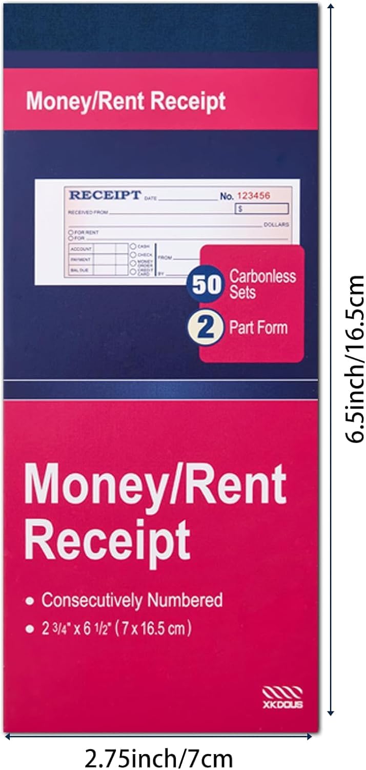 XKDOUS Receipt Book - 12 Pack Carbonless Money & Rent Receipts | 2-3/4" x 6-1/2" for Small Business