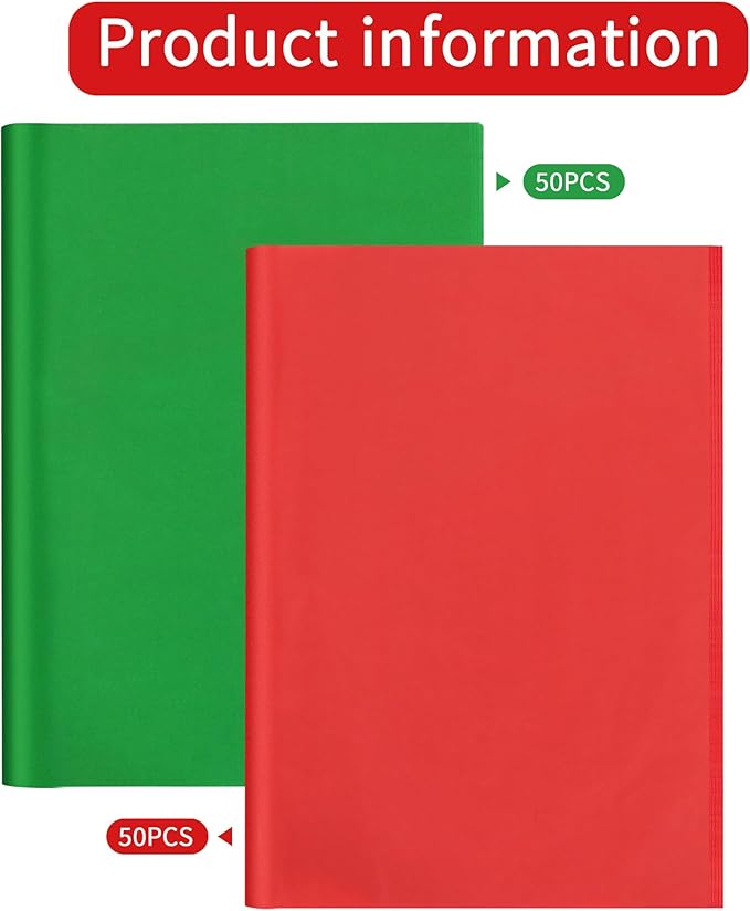 BEISHIDA 100 Sheets Red Green Tissue Paper Bulk, Wrapping Tissue Paper for Gift Bags, 14 x 20 Inch Gift Wrap for Christmas Birthday Wedding Graduation DIY Crafts Holiday Flowers
