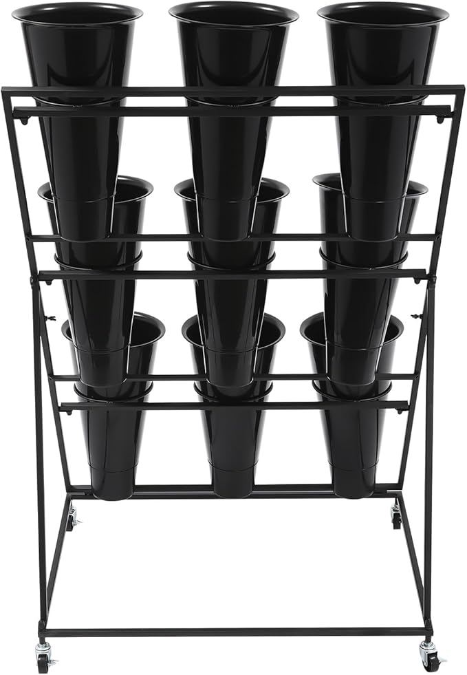 Flower Display Stand with 9 Buckets, 3 Layer Metal Plant Stand Indoor with Wheels, Heavy Duty Moving Flower Cart Flower Rack for Outdoor Patio, Garden, Florist