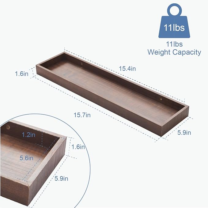 Floating Shelves for Wall, Wooden Wall Shelves for Bedroom Living Room Kitchen, Modern and Rustic Bathroom Shelves with Raised Lip, Decor Floating Shelf for Storage (Walnut-Like,2 Set,15.7 in)