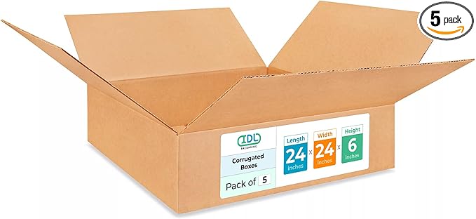 Large Shipping & Moving Boxes 24 x 24 x 6 inches (5-Pack) - Extra Strength 200 lb vs Regular - Corrugated Packing Boxes, Made in USA - Packing Box by IDL Packaging