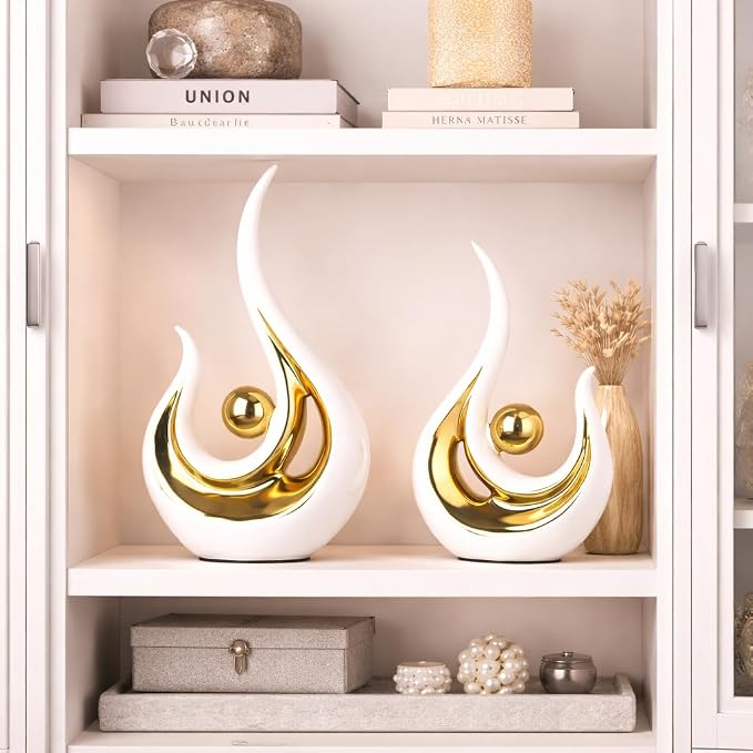 2Pcs Abstract Art Ceramic Statue, Modern White Gold Sculpture for Home Decor, Shelf Decorations Table Centerpiece for TV Stand, Console Table, Dining Room, Living Room, Office