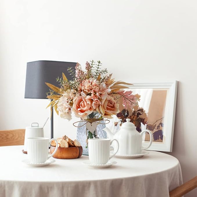 Silk Rose Flowers in Vase, Artificial Flowers Arrangement with Glass Vase Faux Hydrangea Rose for Decoration Table Centerpiece (Hydrangea Rose Pink)