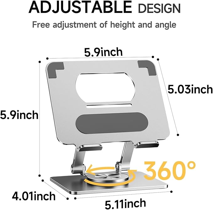 iPad Holder Stand, Tablet Holder with Thickened 360° Rotating Base Dual Rod Adjustable Aluminum Stand for All 4-12.9’’ iPad Surface Samsung Phone Tablet Kindle E-Reader and More, Silver