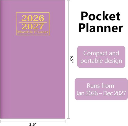 Pocket Calendar 2026-2027 by [Brand Name] - Compact Two-Year Monthly Planner in Purple for On-the-Go Scheduling