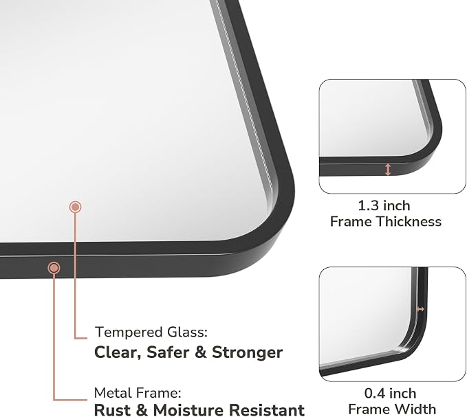 USHOWER 2-Pack Black Bathroom Mirrors for Over Sink 24 x 36 Inch, Metal Frame Rectangle Wall Mirror, Modern Farmhouse Vanity Mirror, Wall Mounted